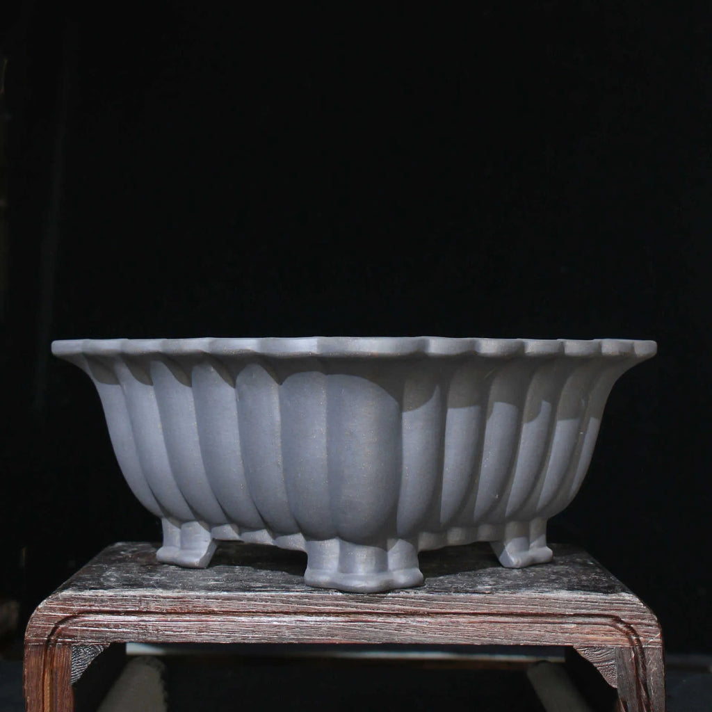 Purple sand ceramic square bonsai pot with 37x15cm inner dimensions on desktop