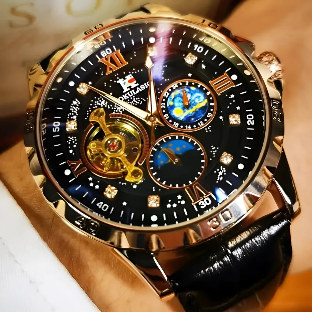 Men's automatic mechanical watch with large hollow dial and rose gold shell casing