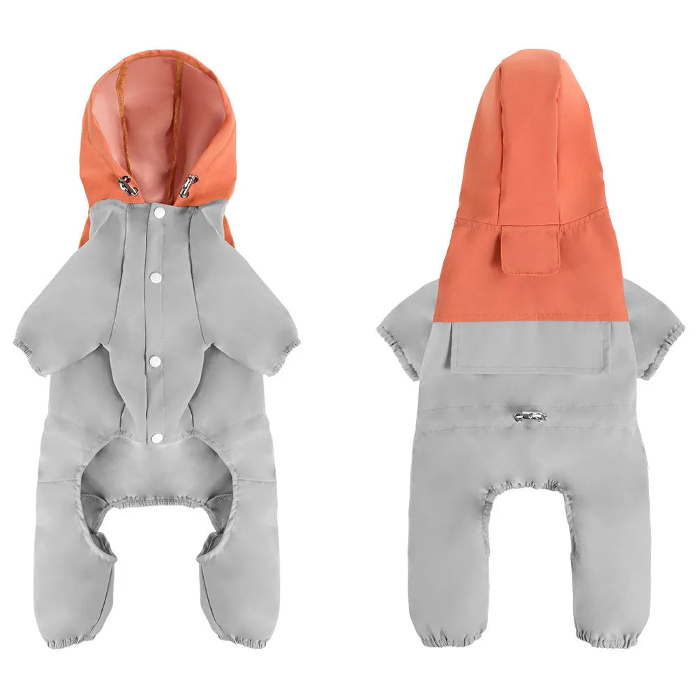 A small dog wearing a khaki coloured British style waterproof polyester shell jacket outdoors.