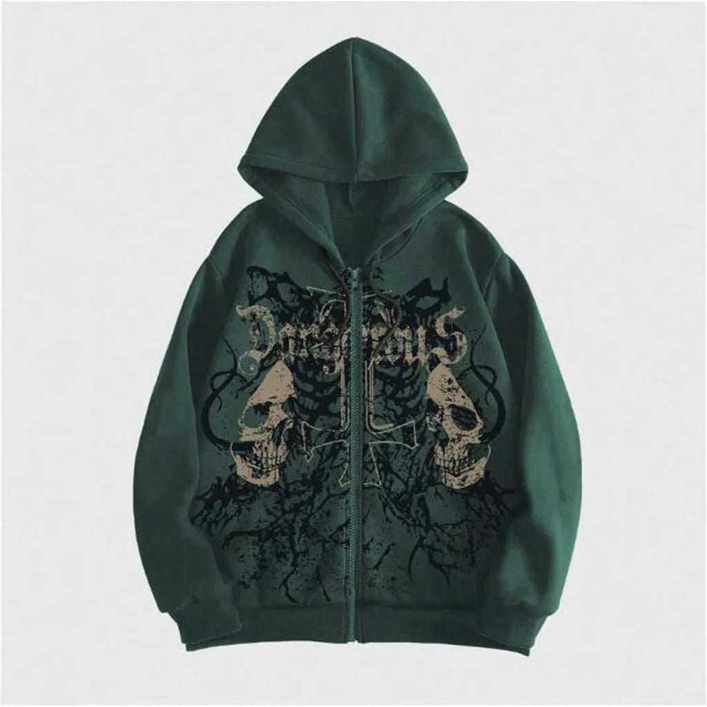 Men's black skull print hooded sweatshirt with long sleeves and cotton blend fabric