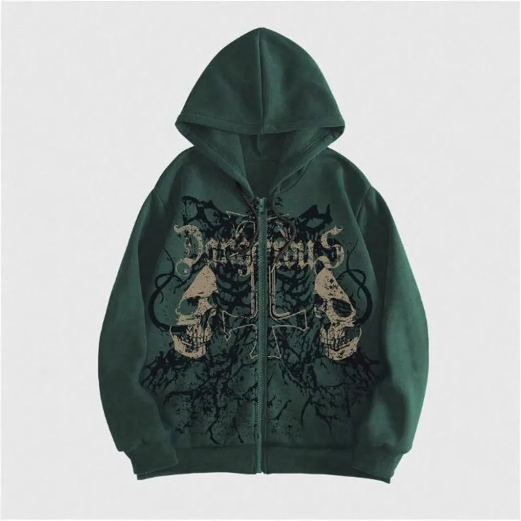 Men's black skull print hooded sweatshirt with long sleeves and cotton blend fabric