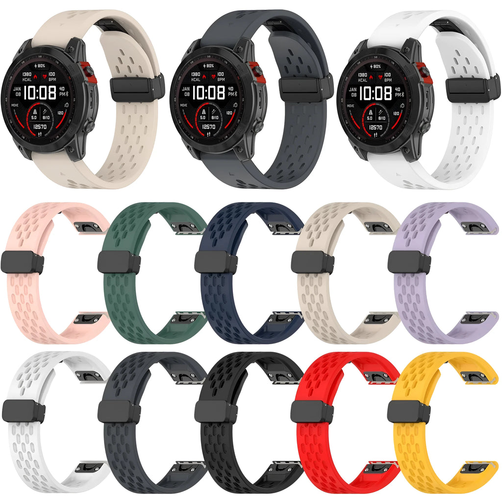 Quick release watch strap for Garmin Fenix 8 and Fenix 7 Pro in multiple colour options showing lug widths.
