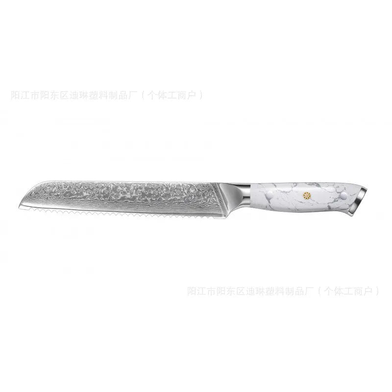 Damascus pattern chef's knife with VG10 steel blade and modern handle for kitchen use