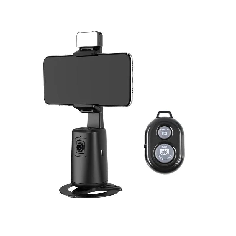 Black desktop smartphone bracket with intelligent face tracking and rotating camera head with ribbon lights
