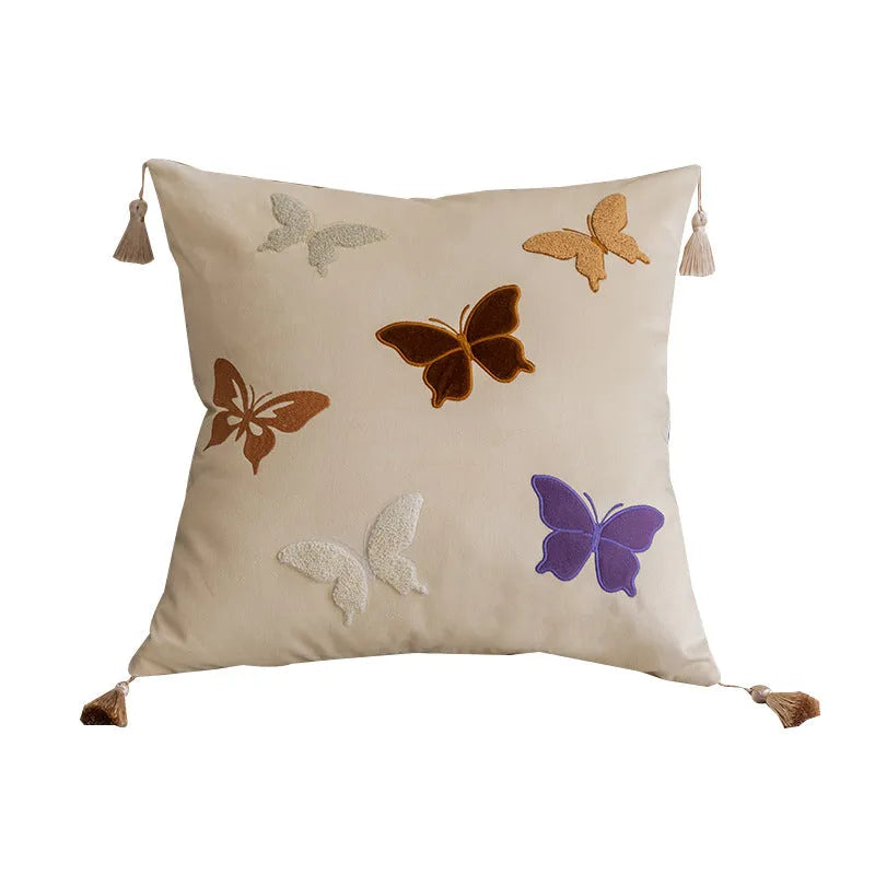 Square beige cushion with black butterfly embroidery in Chinese style