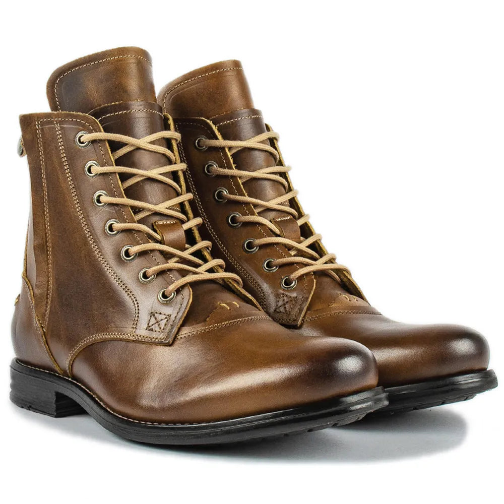 Men's black and brown two-tone leather ankle boots with a side zipper fastener.