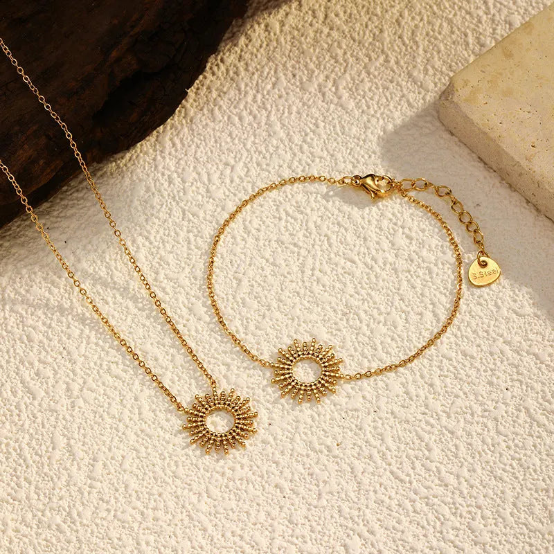 Women's sunflower motif geometric chain necklace and bracelet set with gold plating