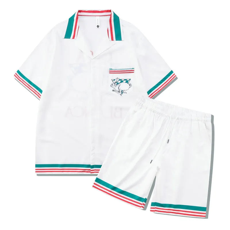 Plaid patterned beach shirt and trousers outfit set for men and women in polyester fabric