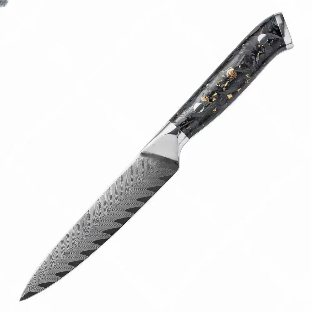 Damascus steel 8-piece kitchen knife set showing fishbone pattern on blades