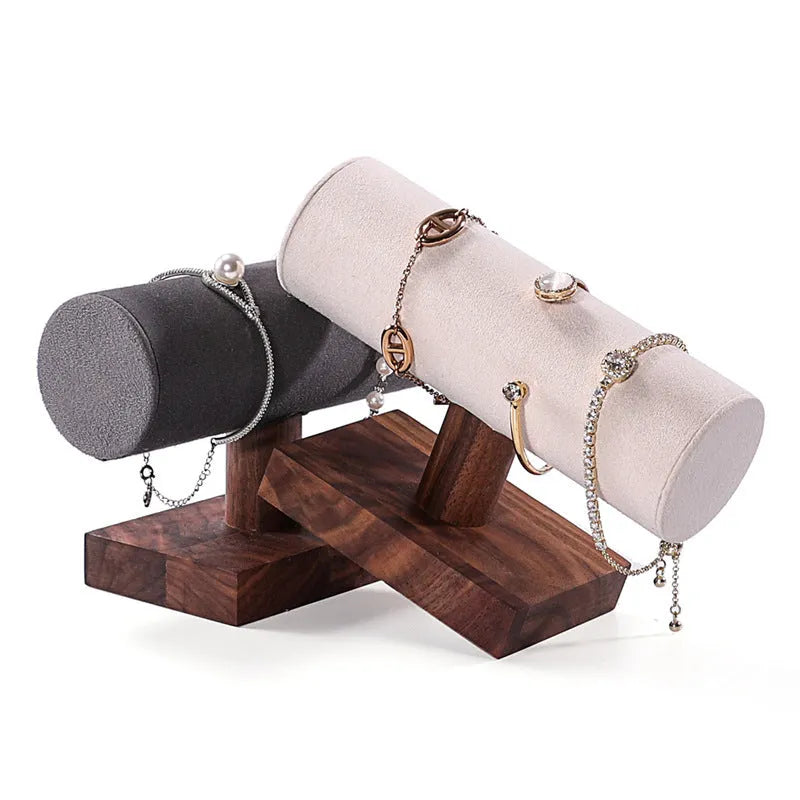 Walnut bracelet display stand with solid wood frame and beige velvet cushion
