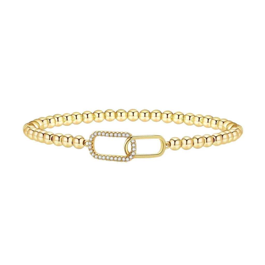 Adjustable stainless steel beaded bracelet with round beads in a simple geometric design.