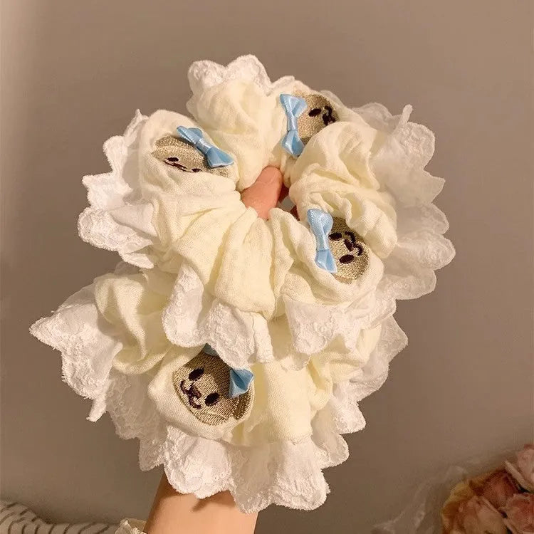 Bear blue bow and lace elastic cloth hair ring headband