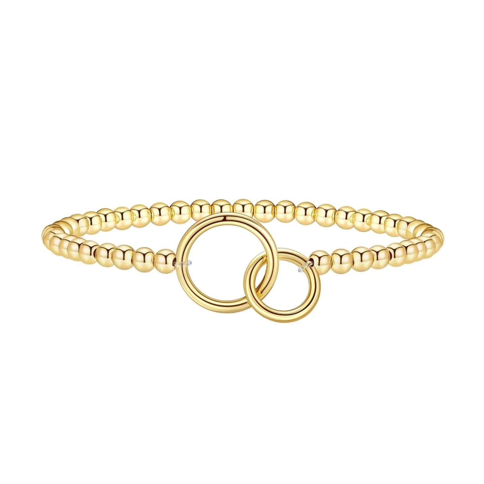 Adjustable stainless steel beaded bracelet with round beads in a simple geometric design.