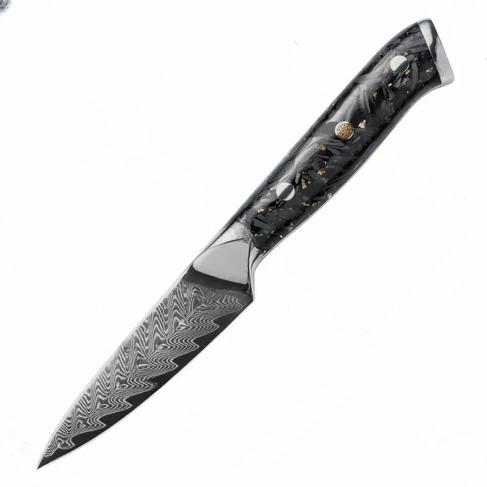 Damascus steel 8-piece kitchen knife set showing fishbone pattern on blades