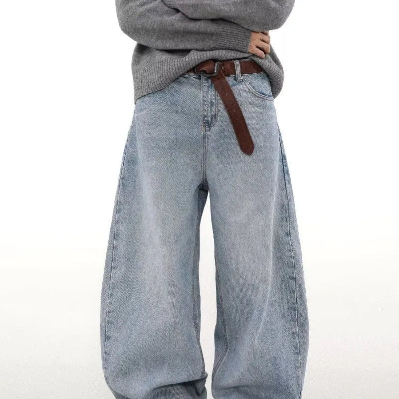 Men's blue retro washed distressed straight-leg cotton denim jeans with a mid waist.