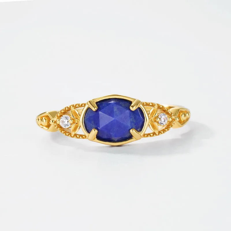 Japanese style lapis lazuli ring with forest night sky design on silver alloy band