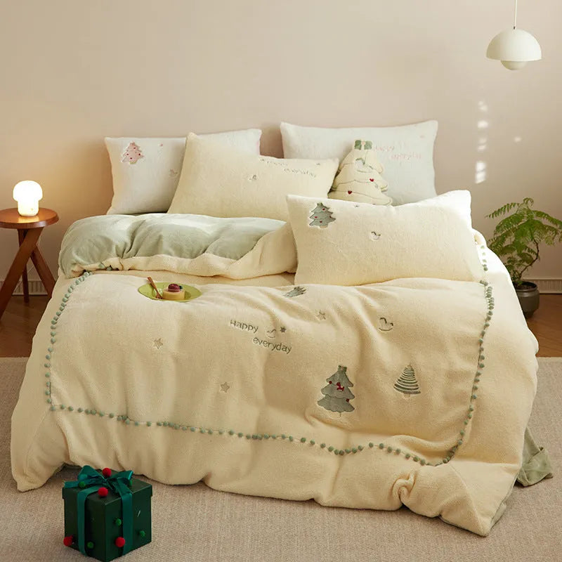 Milk fibre bedding four-piece set with Christmas tree pattern in green or pink for bed sizes 1.2m to 2.0m wide