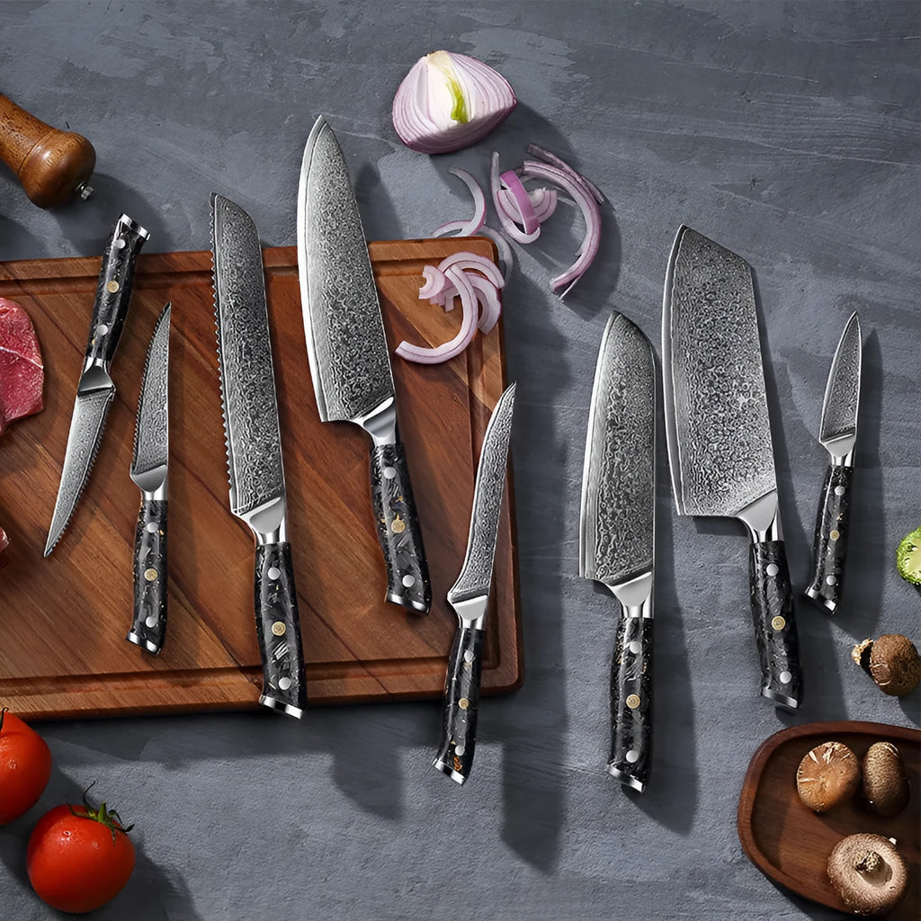 Damascus steel 8-piece kitchen knife set showing fishbone pattern on blades