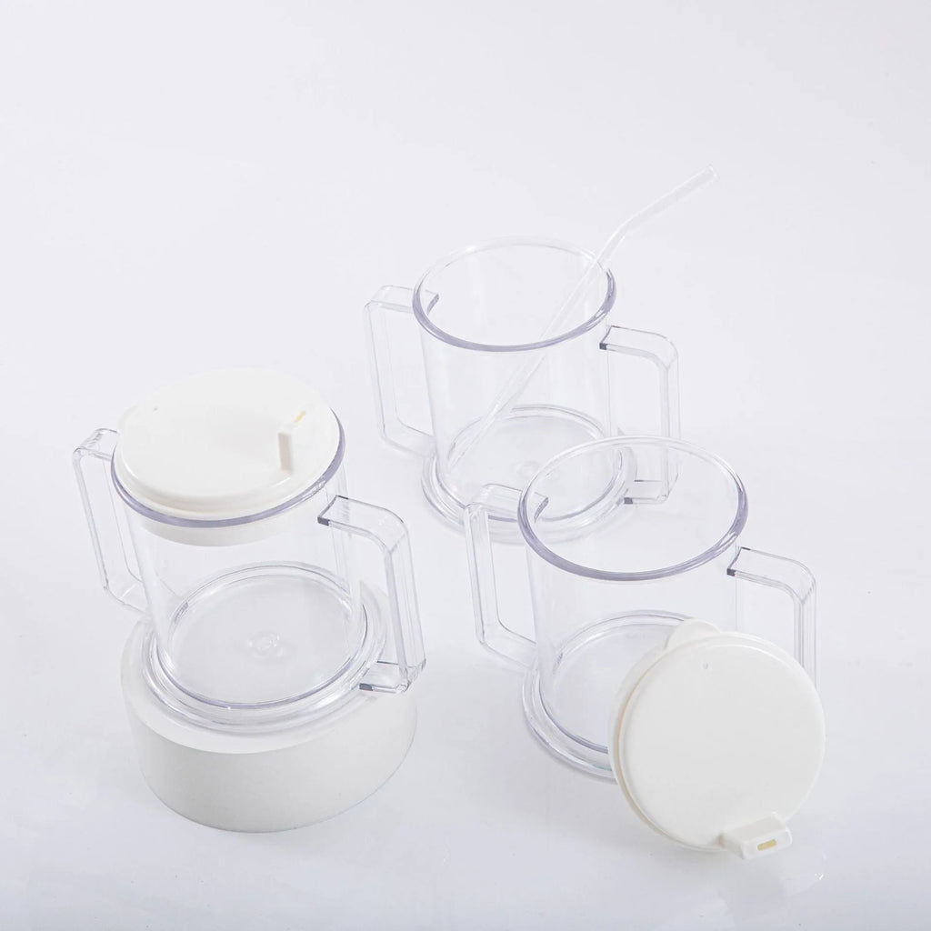 Transparent plastic spill-proof drinking cup with 301-400ml capacity.