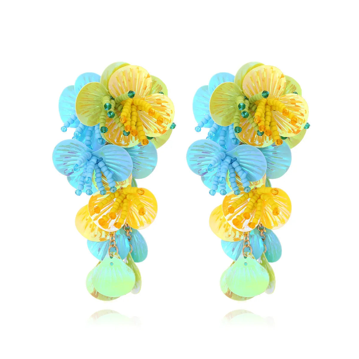 Handmade colourful flower earrings with string bead design in rose and purple tones