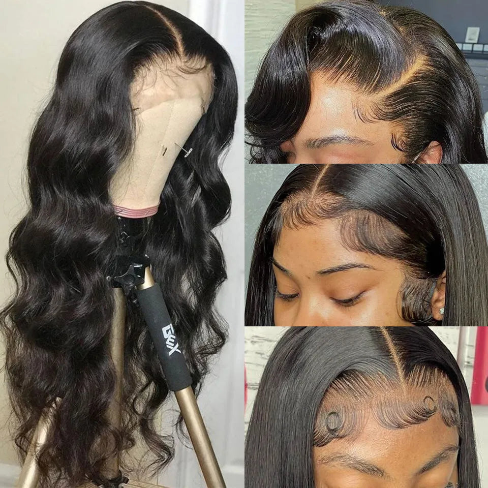 Black synthetic long curly wig with front lace and side swept bangs on a mannequin head.