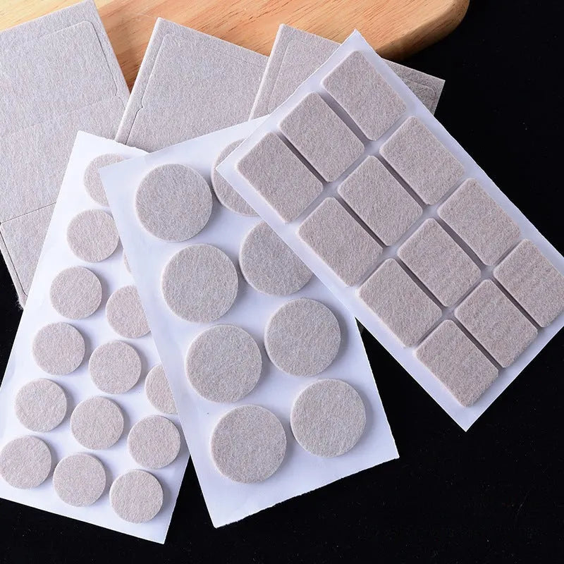 Beige plastic furniture protection pads in round and square shapes with multiple size options