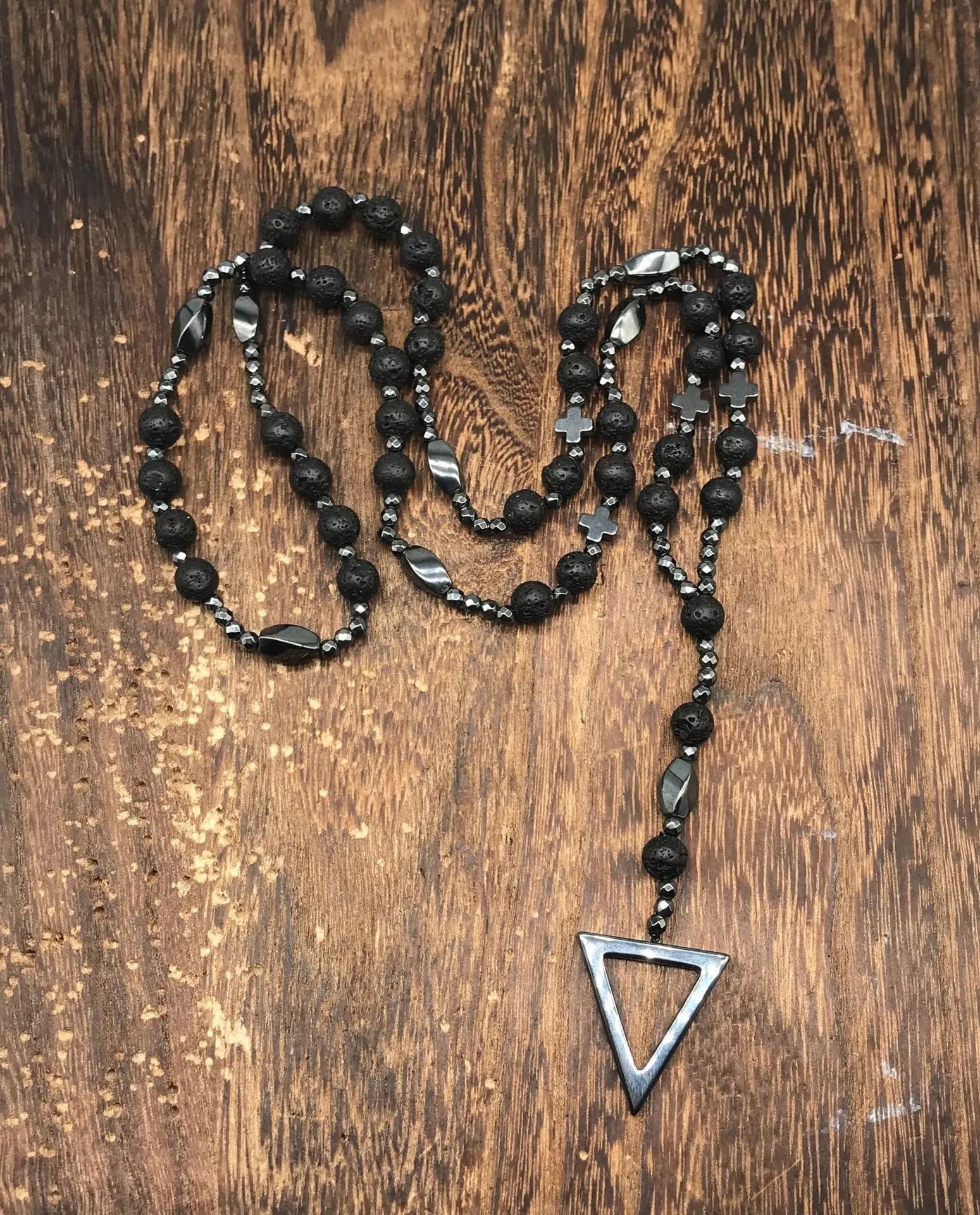 Men's stone cross pendant necklace with hand-woven detail on ball bead chain