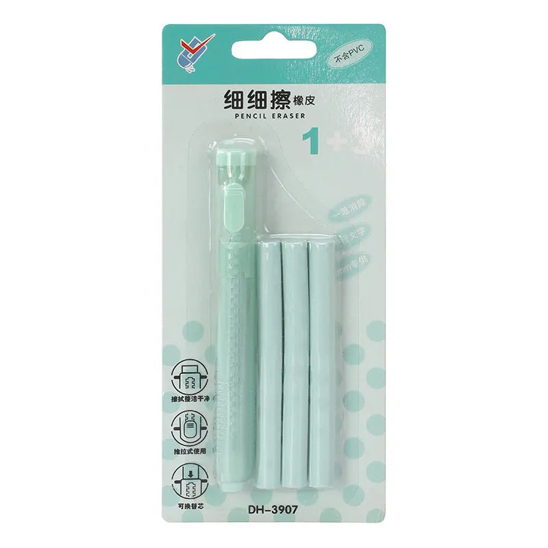 Children's push-type automatic eraser in blue, green, pink, or purple colours showing 12cm by 8cm dimensions