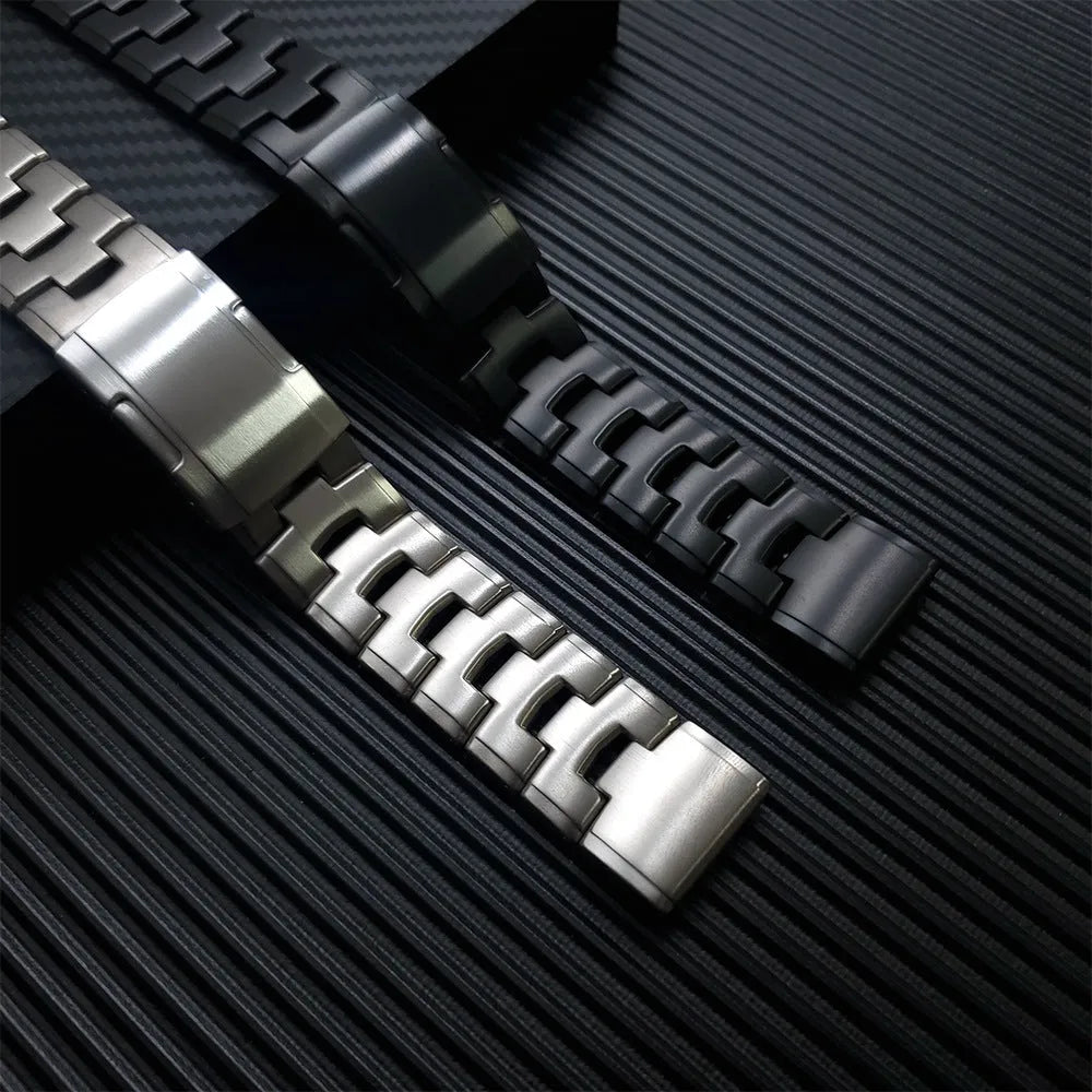 Metal watch strap for Garmin Fenix and Jiaming watches showing quick-release mechanism