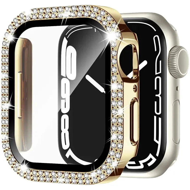 Double diamond glass Apple Watch case in rose pink, showing screen protection for a smartwatch.