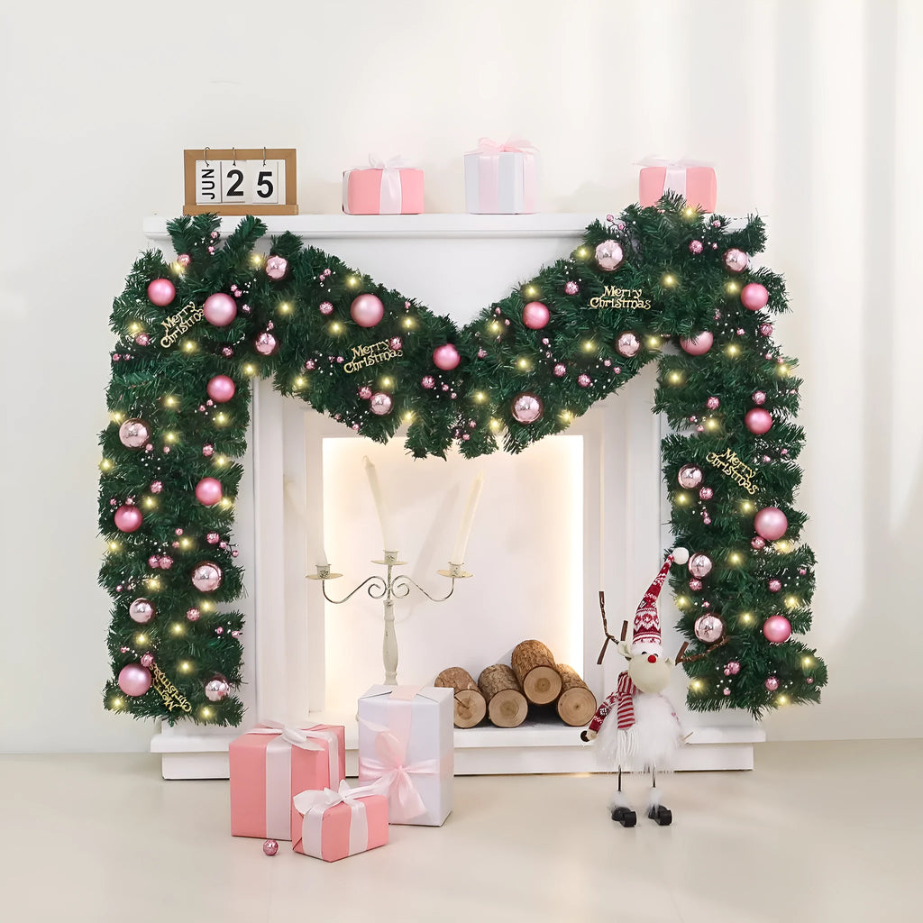 Pink Korean-style Christmas rattan garland decoration measuring 2.7 metres long with small fruit details.