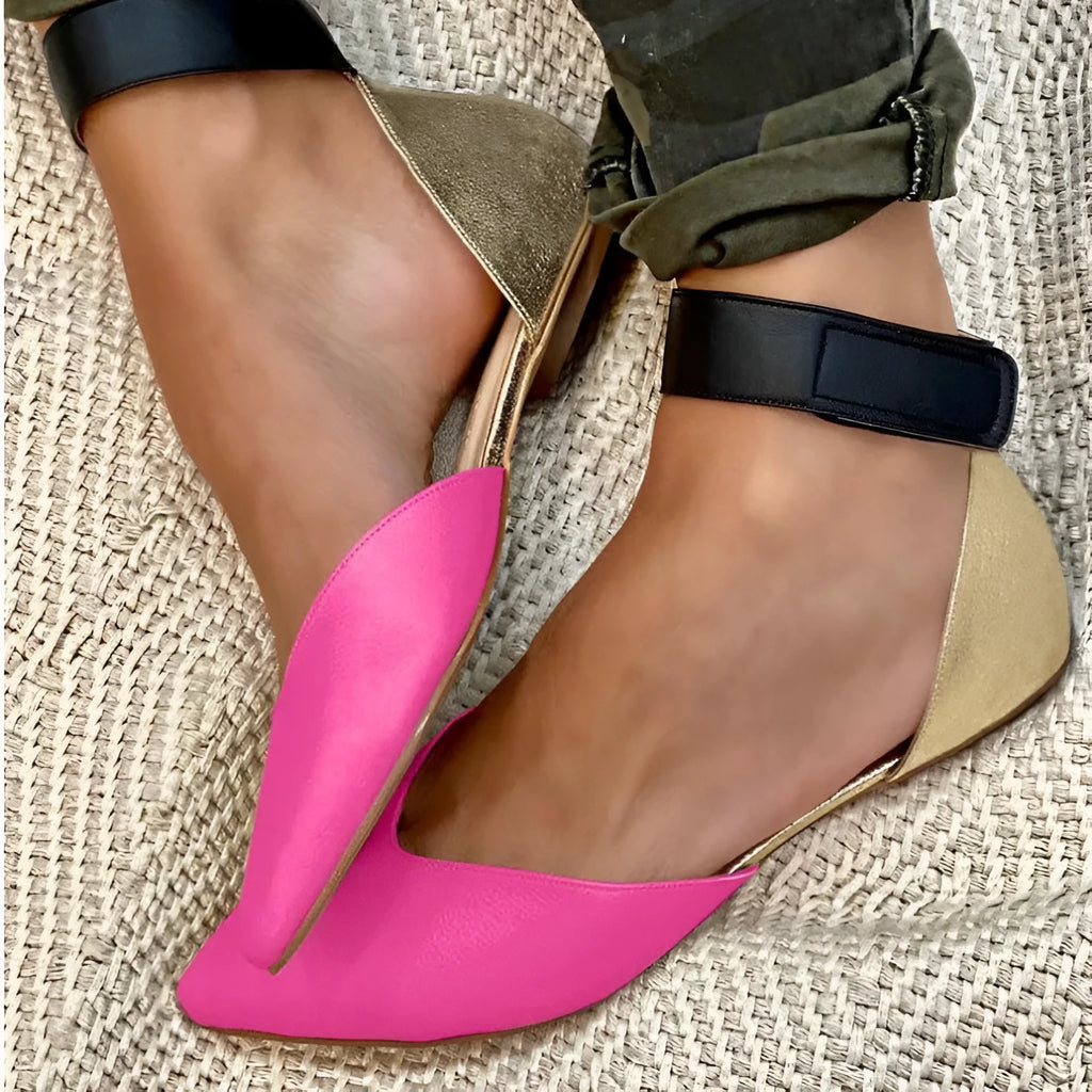 Women's velcro sandals with hollowed straps in four colour options showing flat heel design