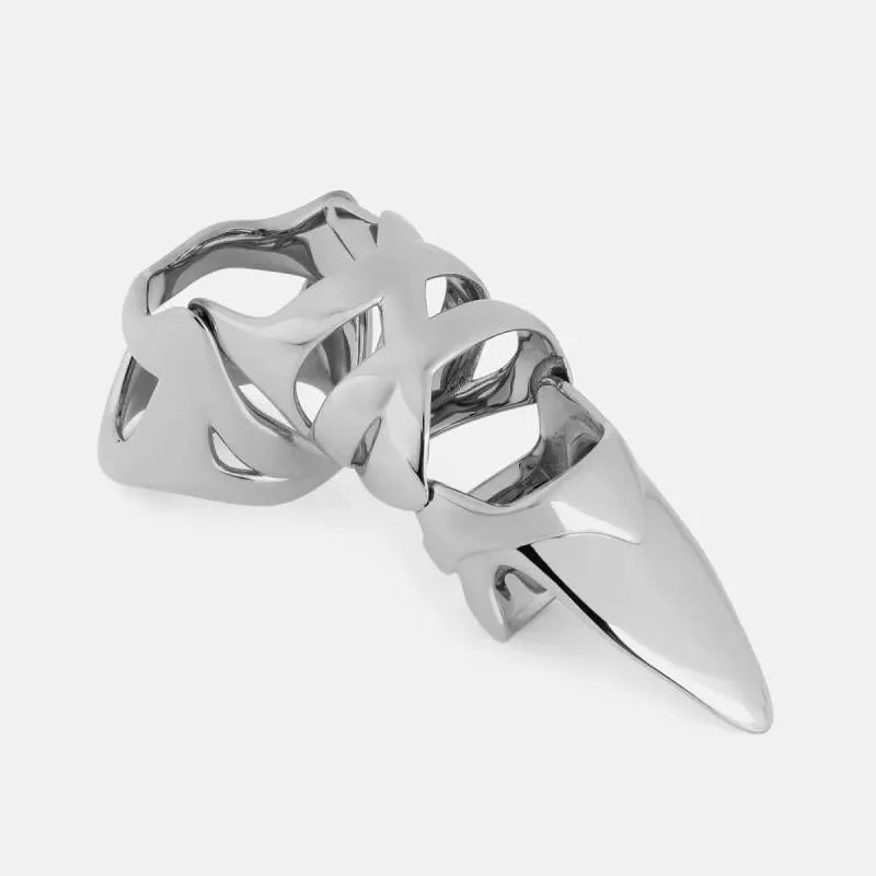 Silver metal alloy armour-style finger stall ring on a black background.