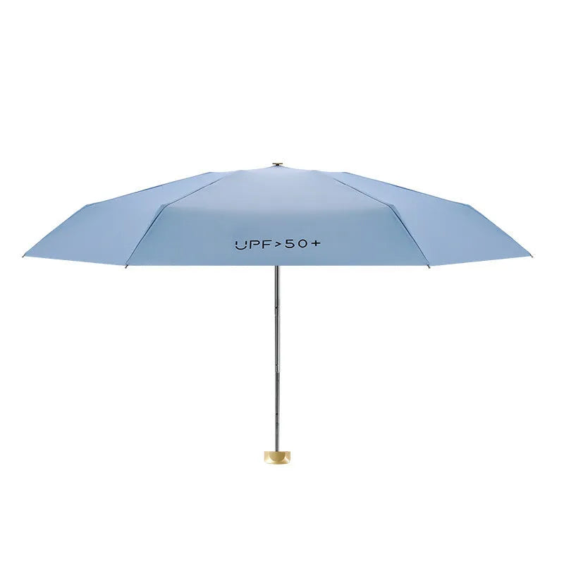 Compact folded five-fold sun umbrella showing NC fabric canopy and rubber handle