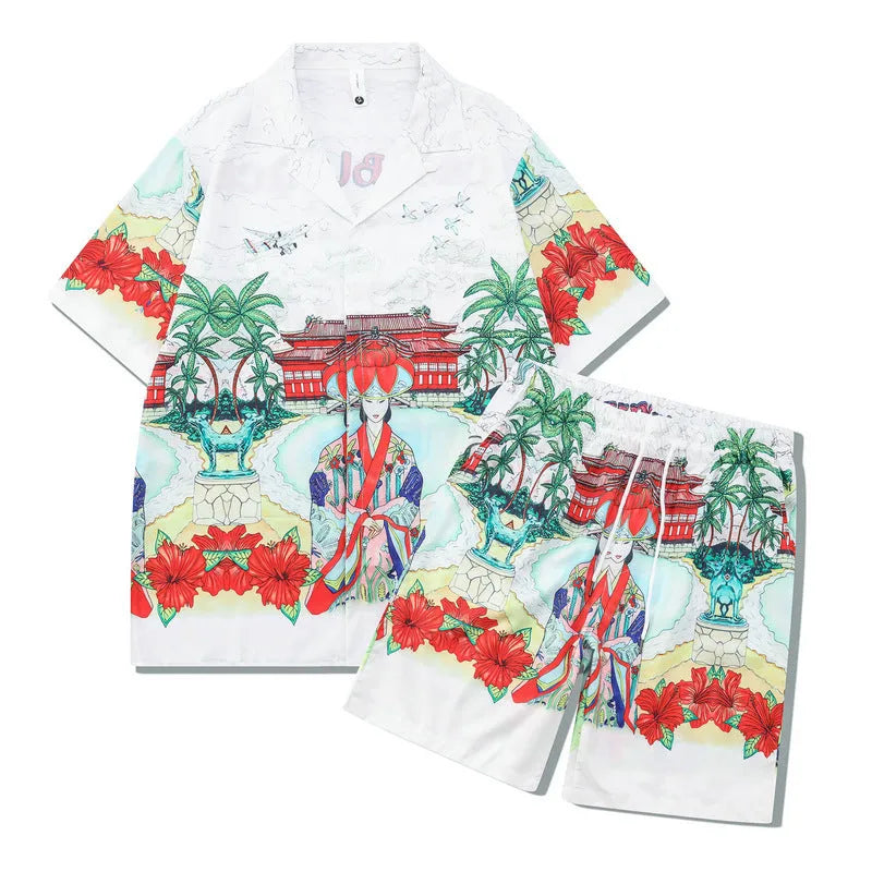Plaid patterned beach shirt and trousers outfit set for men and women in polyester fabric