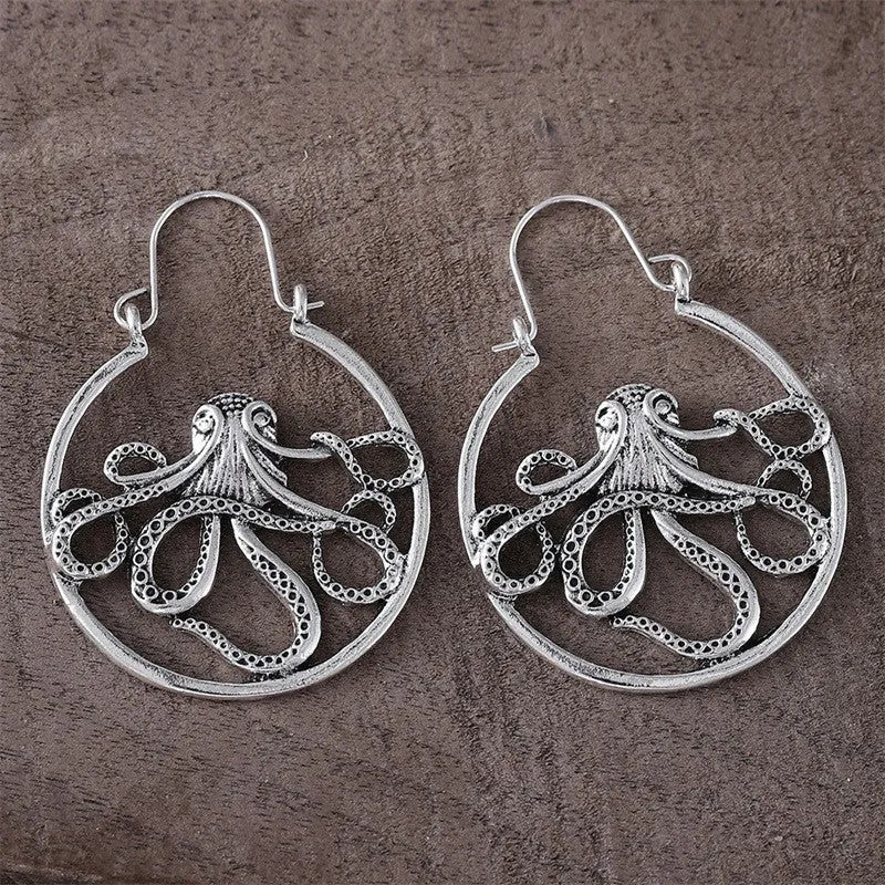 Vintage octopus earrings in antique silver finish with retro animal styling