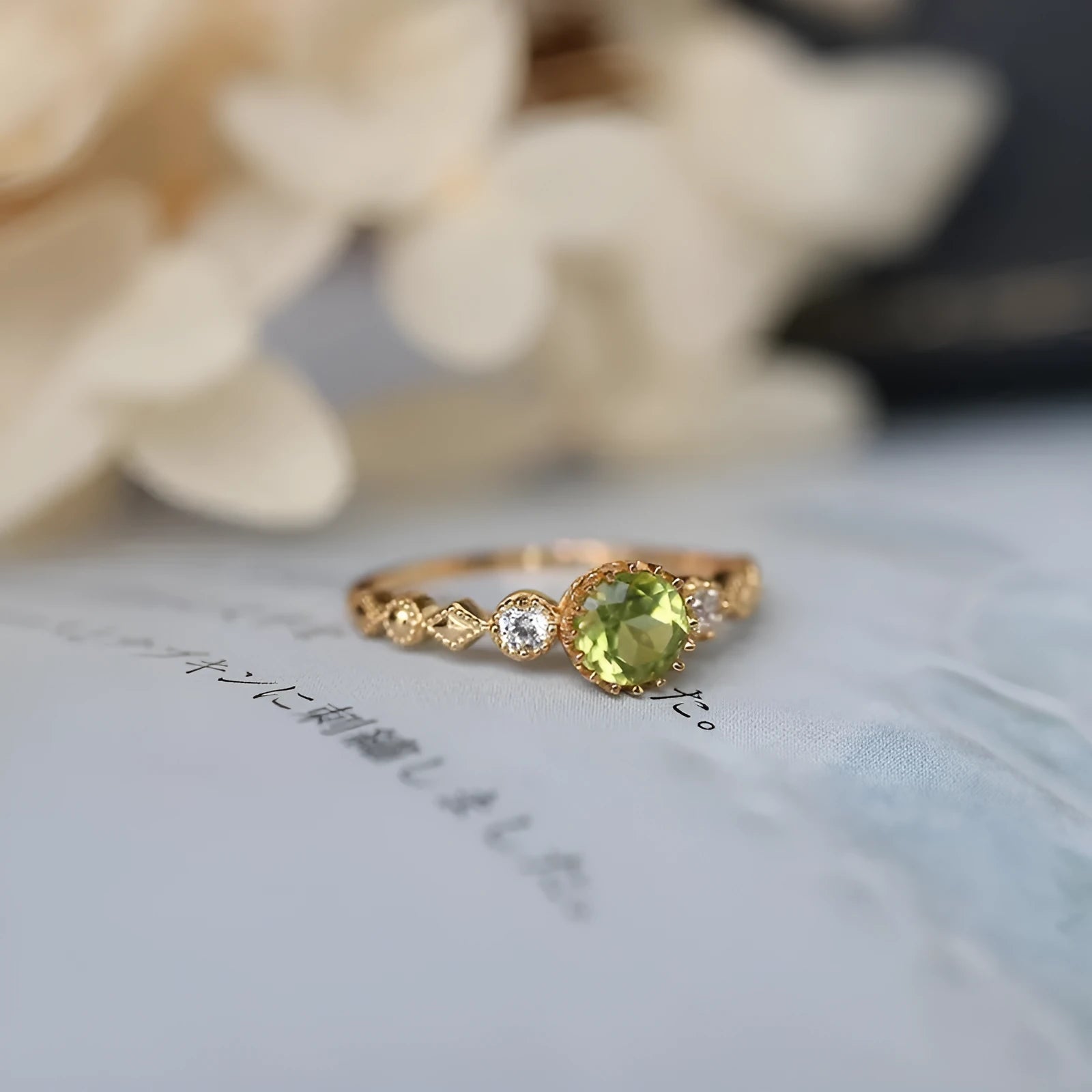 Japanese style geometric copper ring with quadrilateral imitation peridot design