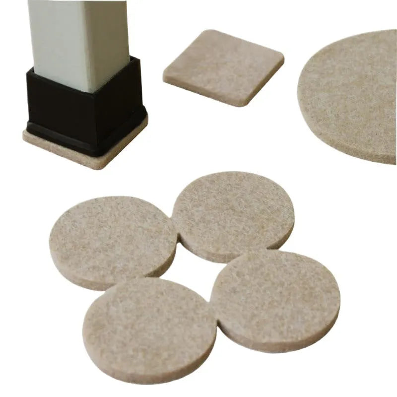 Beige plastic furniture protection pads in round and square shapes with multiple size options