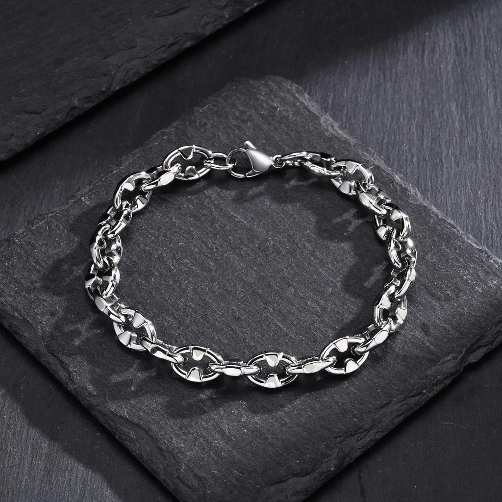 Handmade geometric stainless steel chain bracelet for men in a steel colour.