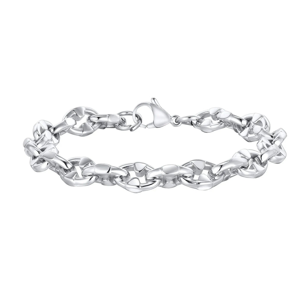Handmade geometric stainless steel chain bracelet for men in a steel colour.