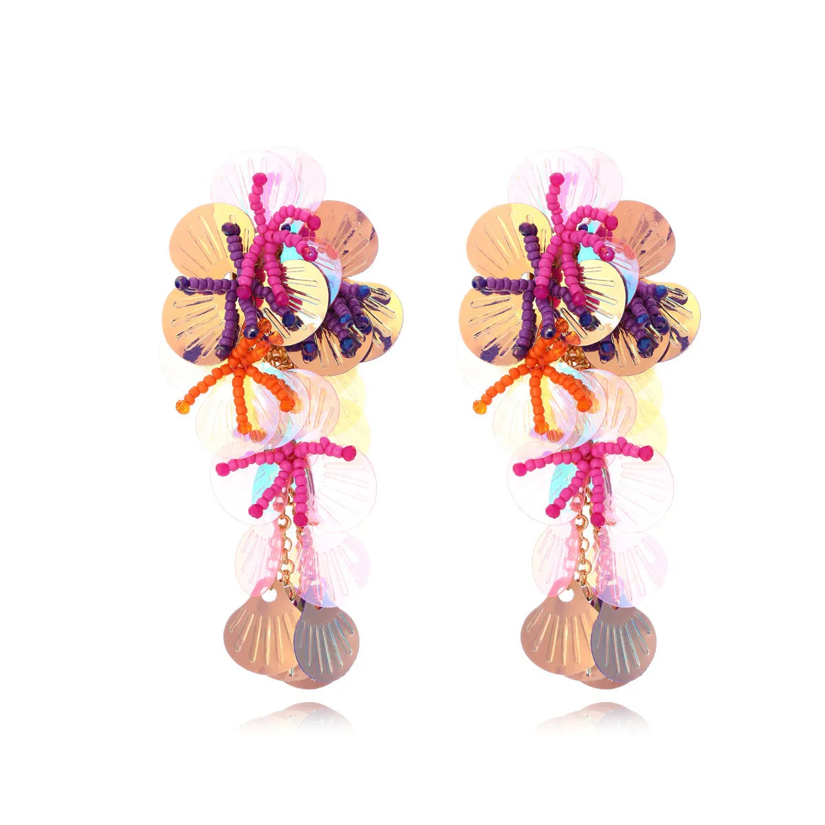 Handmade colourful flower earrings with string bead design in rose and purple tones