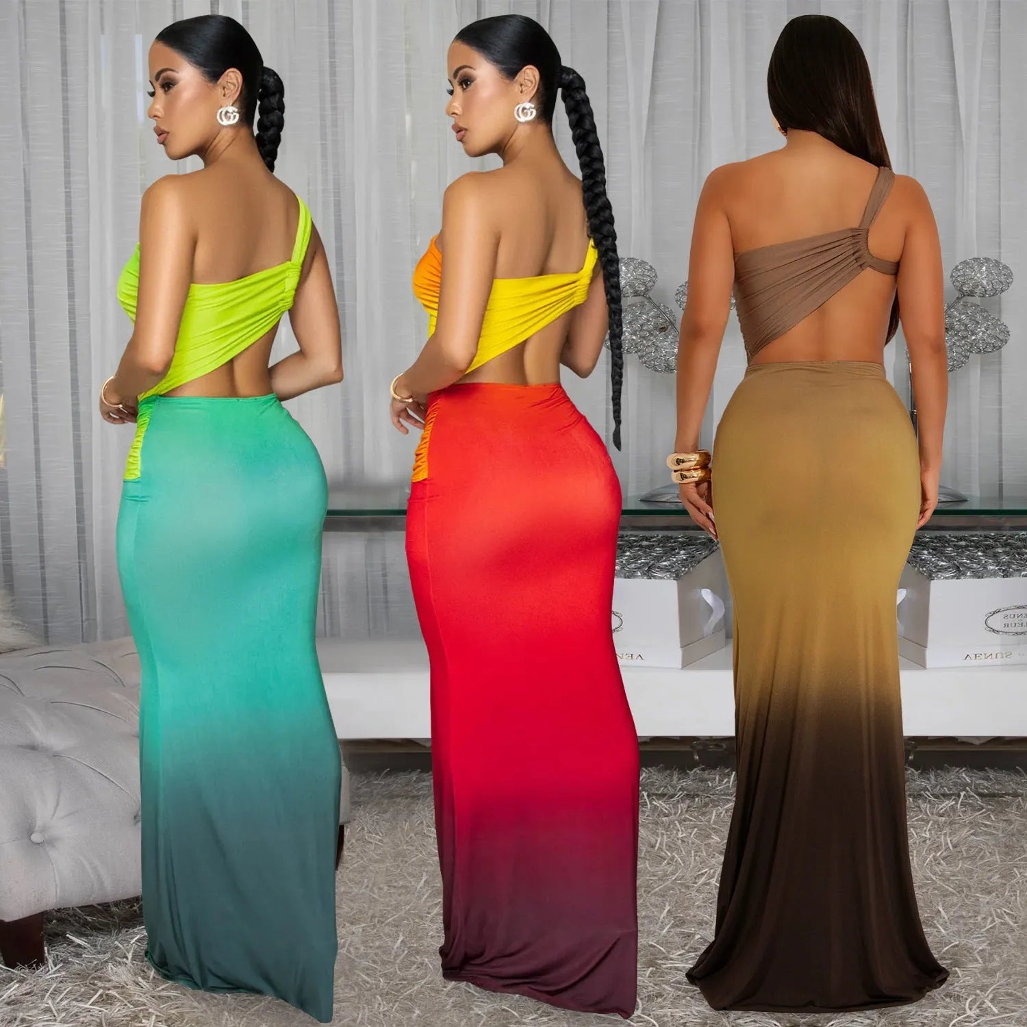 Women's long gradient dress with oblique shoulder and sleeveless design in green.