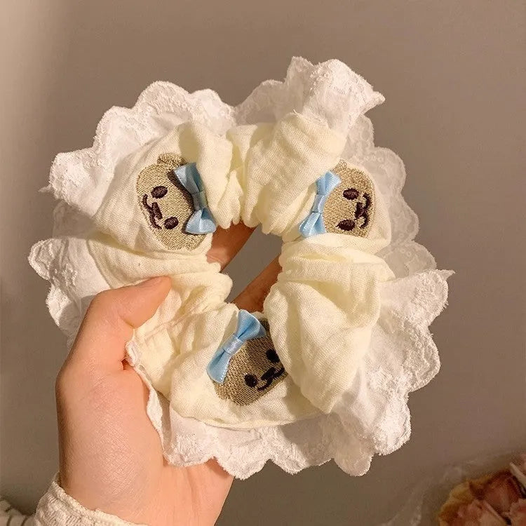 Bear blue bow and lace elastic cloth hair ring headband