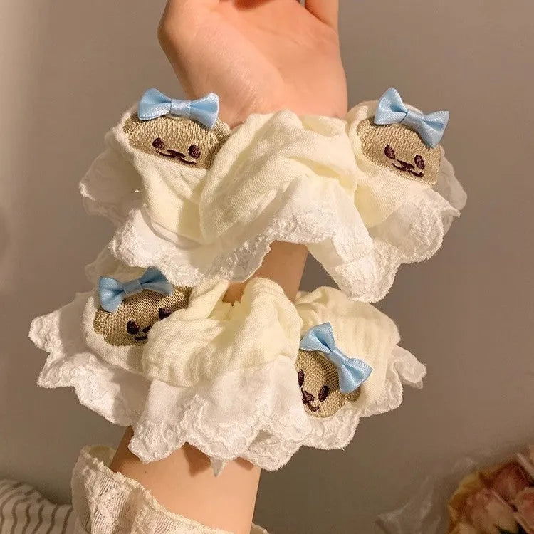 Bear blue bow and lace elastic cloth hair ring headband