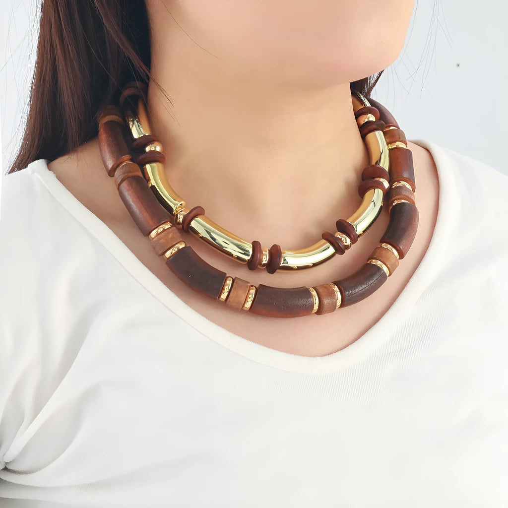 Women's multi-layer wooden necklace and bracelet set with alloy construction