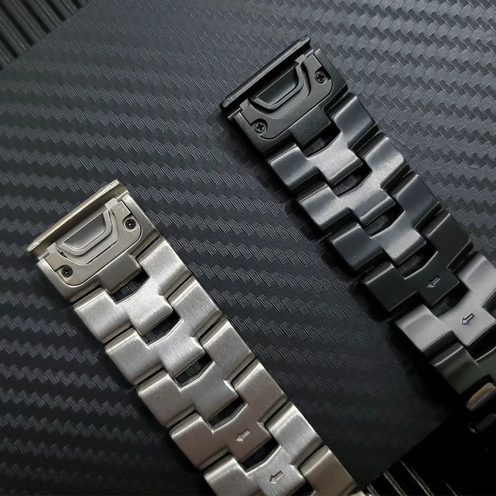 Metal watch strap for Garmin Fenix and Jiaming watches showing quick-release mechanism