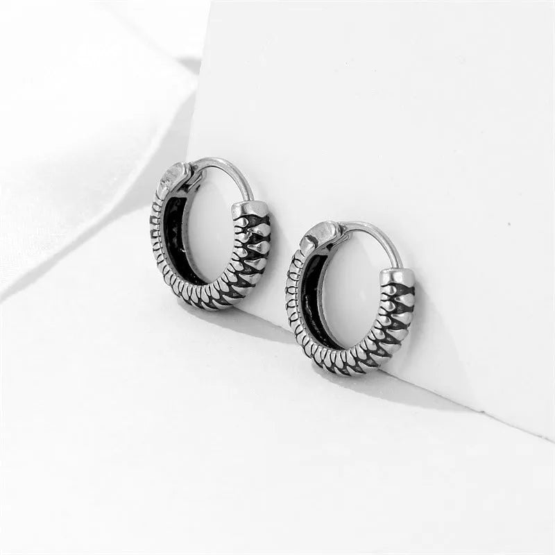 Silver geometric retro twist stripe drop earrings with round elements and sports style design