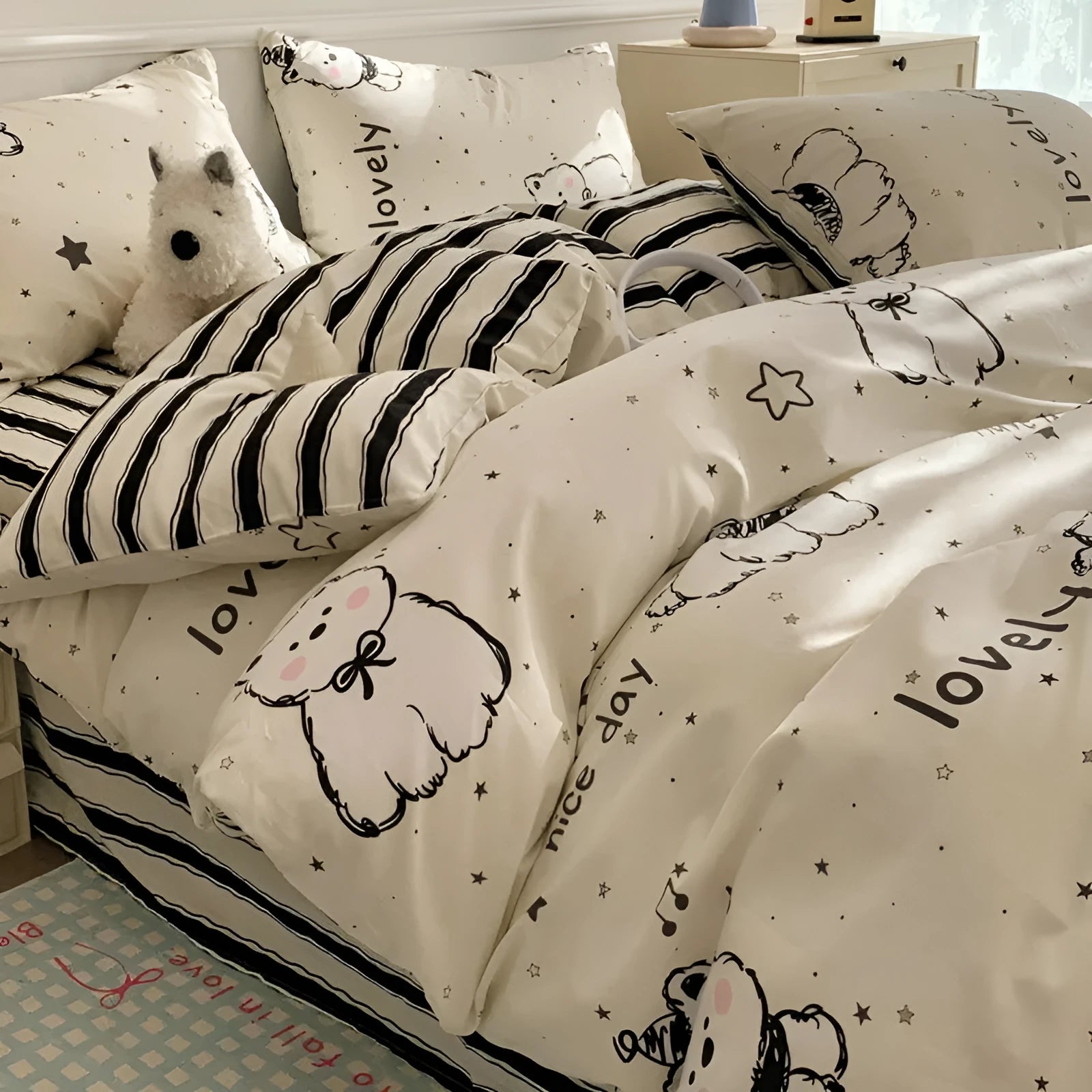 Cartoon anime dog pattern on a pure cotton four-piece bedding set including duvet cover and pillowcases.