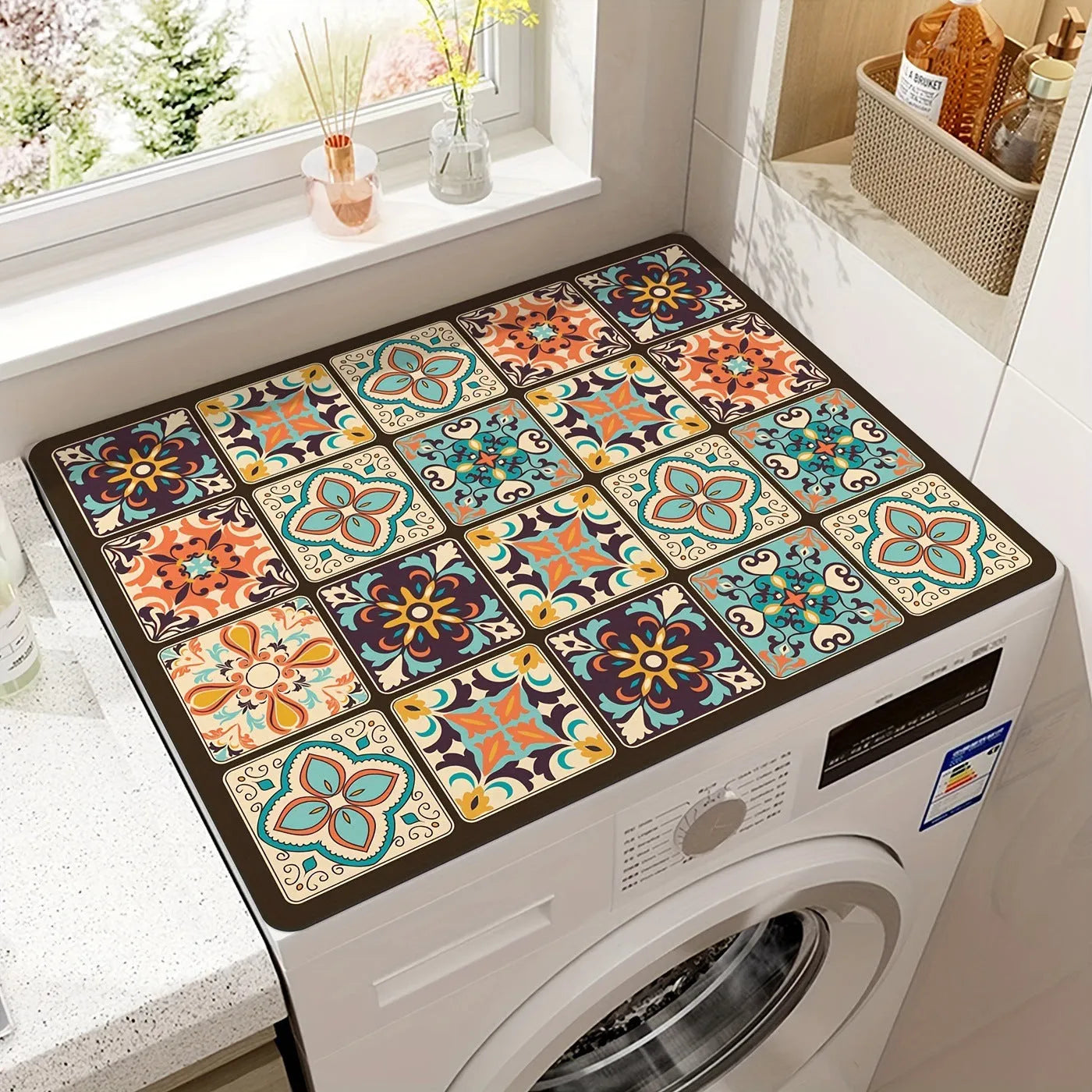 Dustproof absorbent washing machine mat with abstract print in front of a washing machine