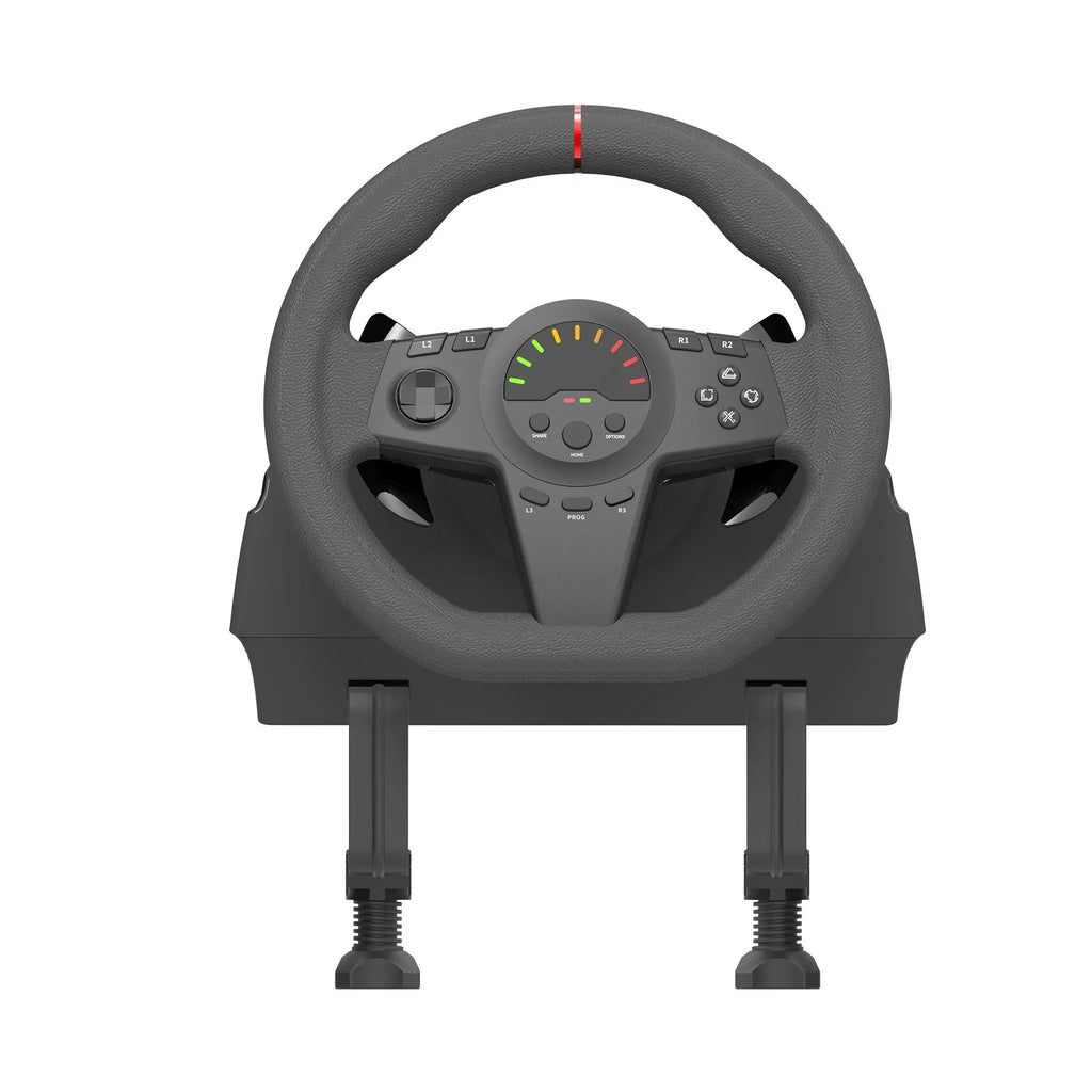 Black multi-platform gaming steering wheel with two pedals and paddle shifters